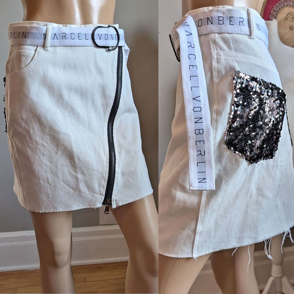Marcell Von Berlin Denim Skirt White Raw Hem Logo Sequin Asymmetrical Size 4